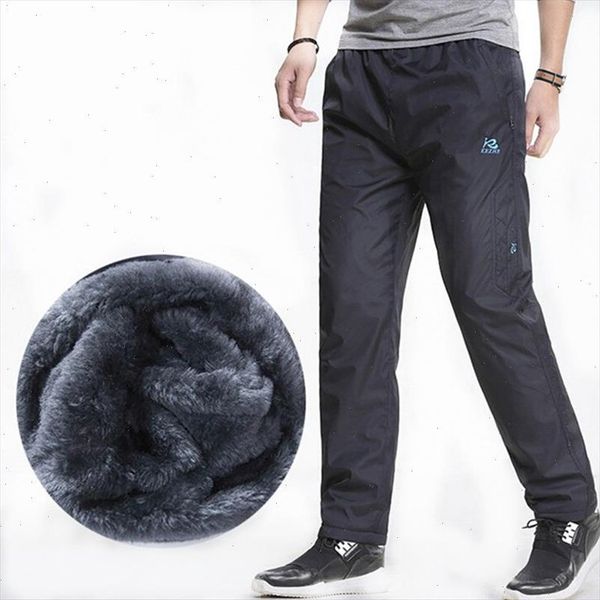 

2020 winter mens thick fleece warm pants fashion waterproof sweatpants outdoor elastic waist joggers trousers male working pant, Black