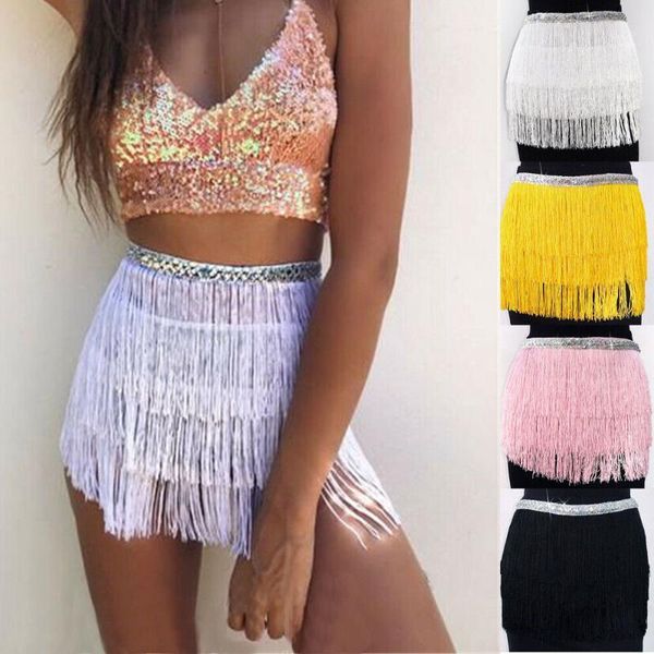 

ladies tassel mini skirts solid color women fringe sequin short skirt1, Black