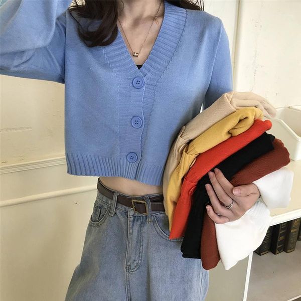 

women's cropped cardigan sweaters female black white short sweater v neck single breasted sweater woman knitted korean 1