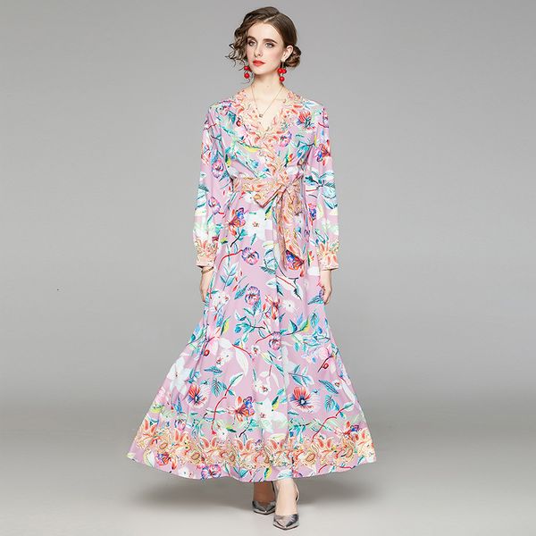 

2021 new merchall autumn runway flower holiday women v-neck sleeve charming print lace up bow belt long oloe, Black;gray