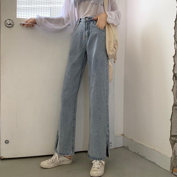 

лето будет иметь видео высокой талии свободно открытая вилка прямо широких ноги швабра джинсы женщина, Blue