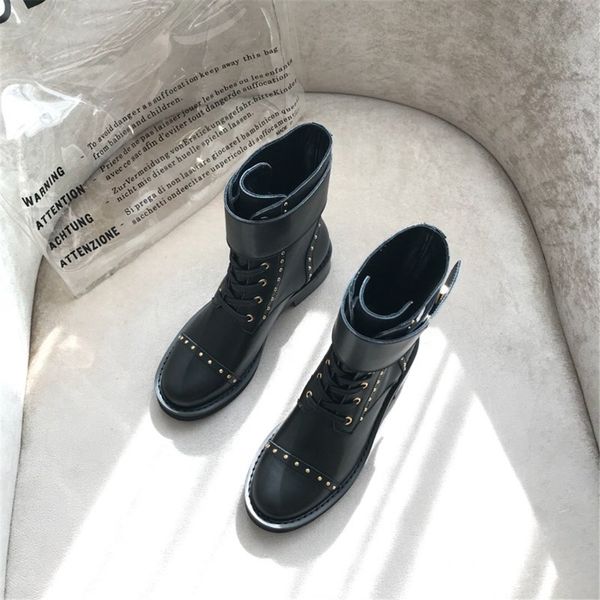 

suede leather women lace up ankle boots low heels thick heel buckle short boot ladies casual shoes metal decoration size 35-41 201109, Black