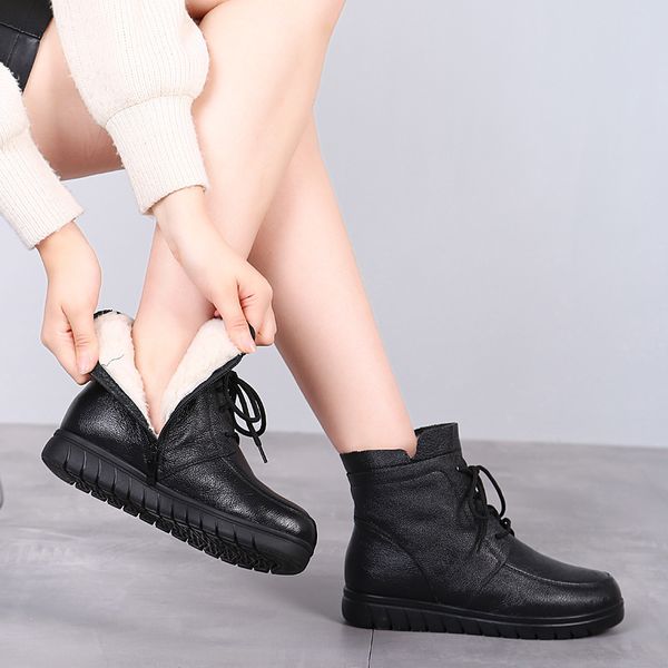 

30 wool fur warm cow leather ankle boots women winter genuine leather flat platform botas black lace up plush snow shoes 201022