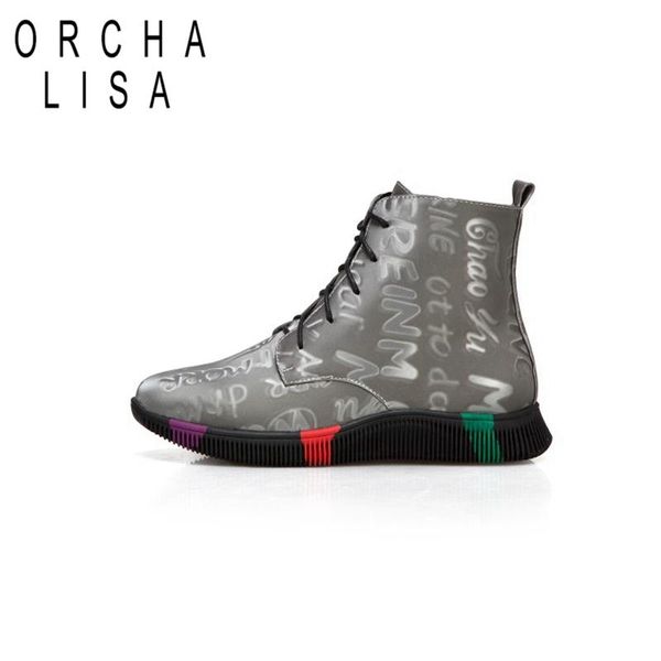 

orchalisa winter mid-calf boots round toe flat with pu lace-up cross-tied prints big size 34-41 black grey sliver casual c2027