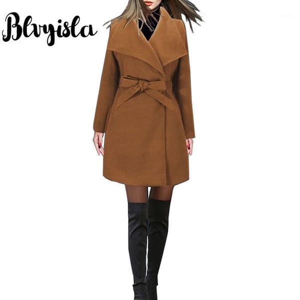 

women's wool & blends blvyisla elegant retro woolen overcoat 2021 adjustable belt chic slim women office work wear coats bandage 1, Black