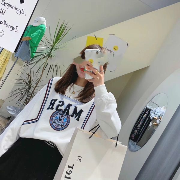 

pijxp spring and autumn korean women's casual versatile letter printing white sleeve sweater size sweater large stitching round neck lo, Black