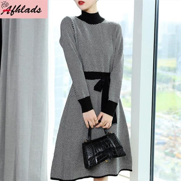 

casual dresses striped knitted dress women's autumn and winter 2021 elegant stand collar long sleeve with belt office lady a-line, Black;gray