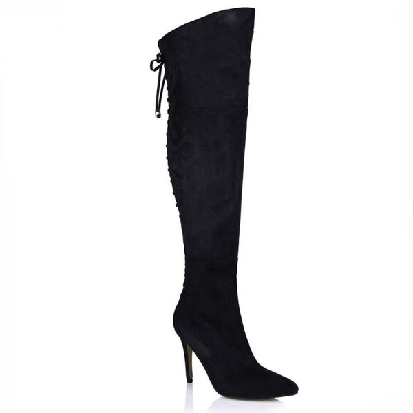 

chmile chau winter suede party shoes women pointed toe thin highs heel bandage over-the-knee boots zapatos mujer 70887bt-y3, Black