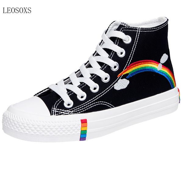 

leosoxs women's 2020 vulcanized woman sneakers new rainbow retro canvas flat fashion comfortable high shoes women, Black