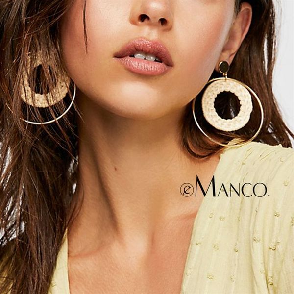 

emanco big round wooden woven pendant earrings for women simple fashion alloy dangle 2 color earrings y200323, Golden