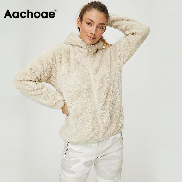 

aachoae faux fur coat hooded pockets jackets women autumn winter 2020 casual solid long sleeve teddy coat fleece zip up outwear1, Black