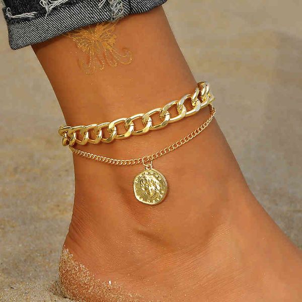 

iparam vintage bohemian metal anklet for women's twist thick chain coin beads bracelet on leg beach holiday foot jewelry, Red;blue