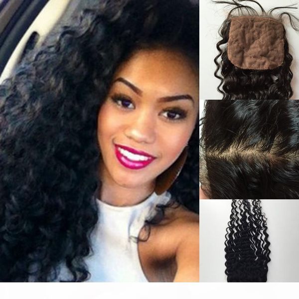 

peruvian silk base closure 4x4 human hair deep curly silk base closure middle 3 part silk closures with baby hair, Black