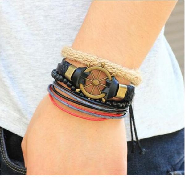 

4pcs/ set punk braided wrap leather bracelets for men women vintage wooden beads ethnic tribal wristbands men bracelet wmtona, Golden;silver