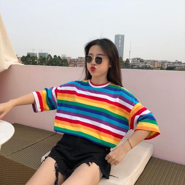 

футболка женщины rainbow striped punk t footh o вырека повседневная футболка harajuku с коротким рукавом корейская мода рубашка camiseta fem, White
