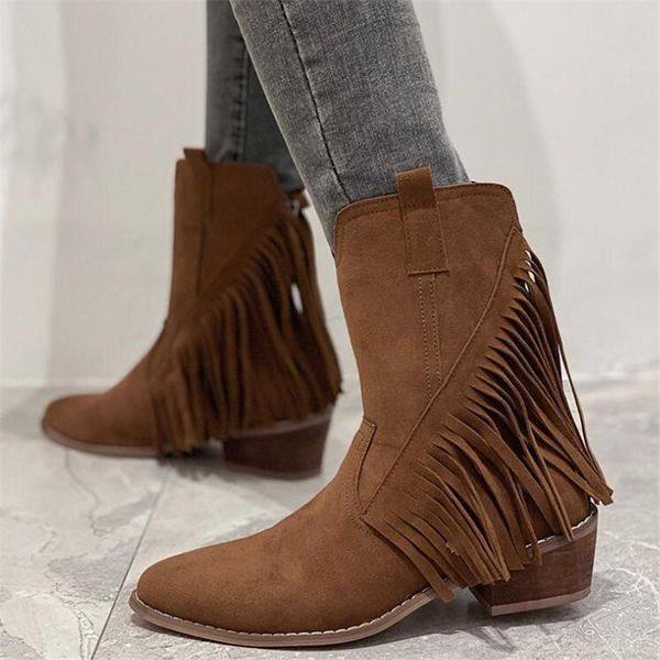 

boots 2021 women's riding casual solid color round head thick heel tassel mid-tube fashion womens shoes, Black