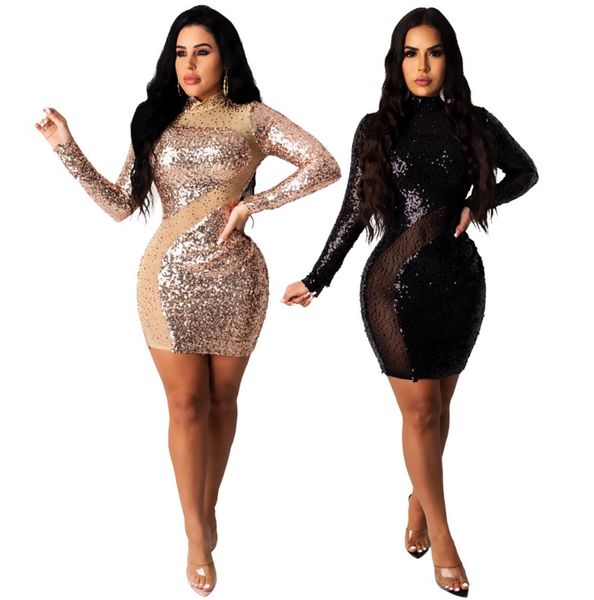 

women's fashion sequins nightclub party dress perspective gauze dress, White;black