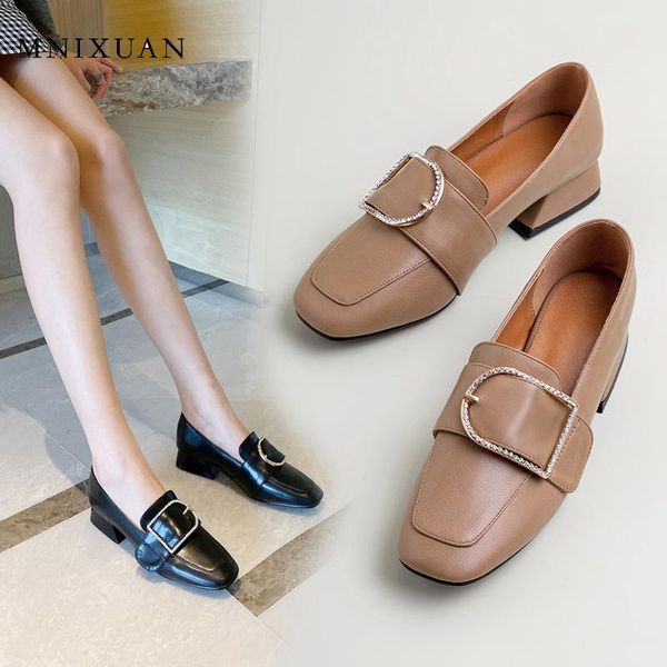 

mnixuan women heels pumps spring 2020 new square toe slip on low heels rhinestone buckle work shoes big size 34-43, Black