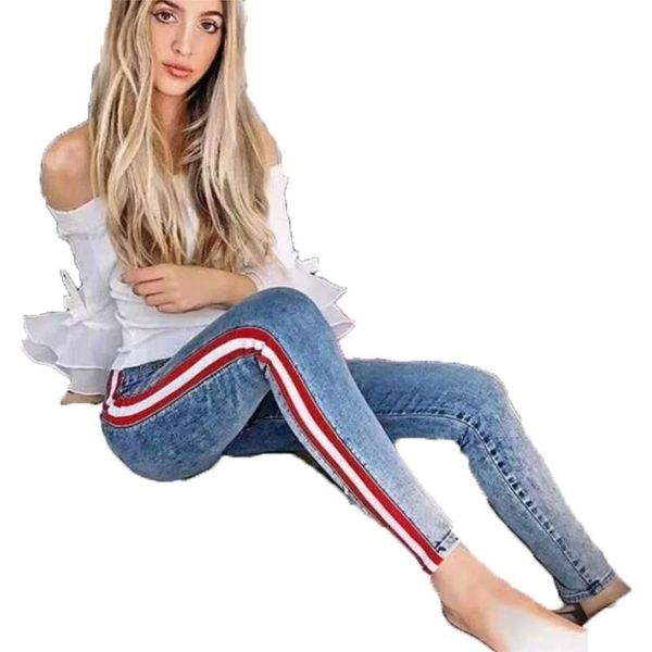 

women's jeans high waisted color panel side striped pencil pants european and american fashion feet, Blue
