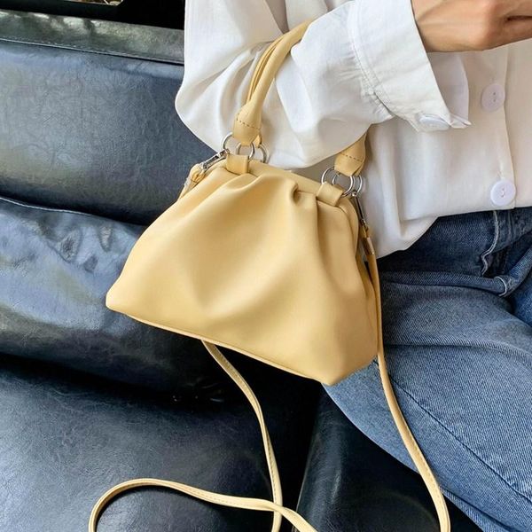 

elegant small bucket bag for women soft leather crossbody tote bags female tide pure color pleated shoulder handbag