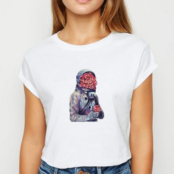 

new t-shirt female flower astronaut tshirt kawaii spring summer women's shirt funny printing design ropa mujer o-neck t-shirts, White