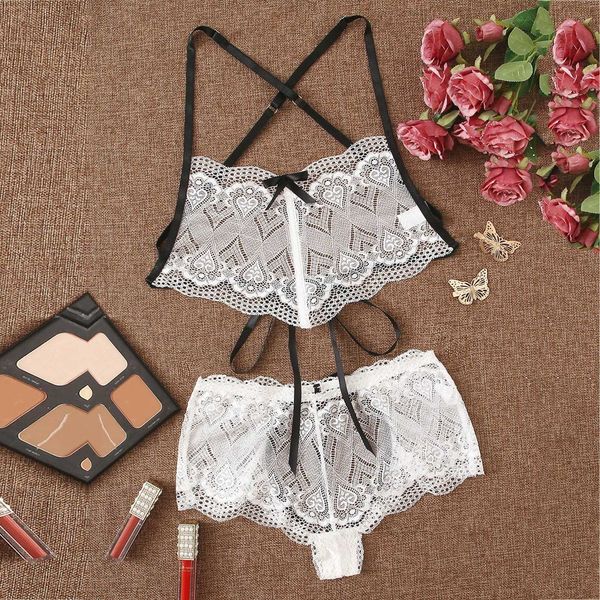 

2020 women ladies comfortable lace lingerie wireless bow bra + panty set underwear babydoll thong, Black;white