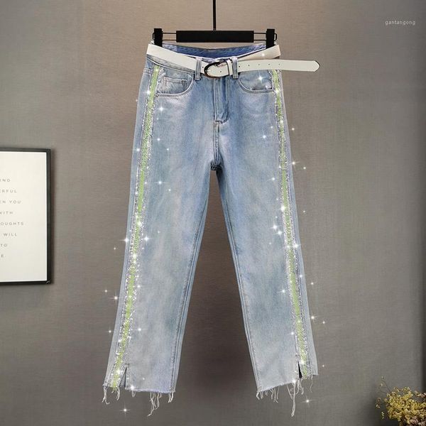 

thin denim side striped women jeans summer new high waist pocket wide leg ankle length casual all match female jeans, Blue
