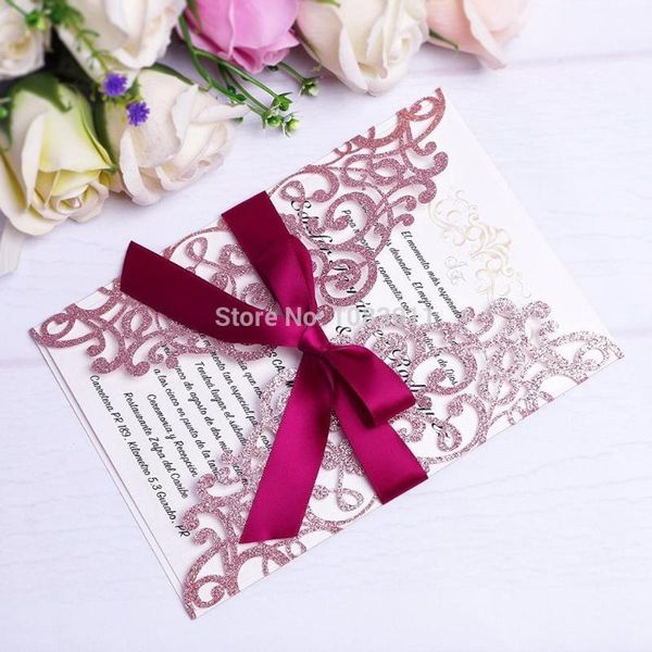 

ponatia 20 pcs laser cut invitations card with ribbon for wedding bridal shower engagement birthday party(rose gold glitter)1