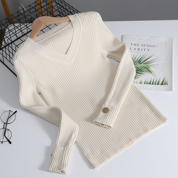 

2021 new basic autumn winter warm women thick v neck knitted jumper with button slim ribbed female pullover sweater kupc, White;black
