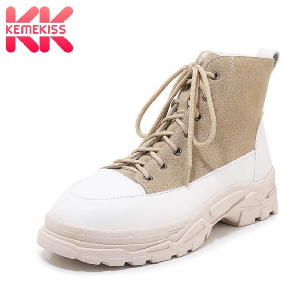 

kemekiss size 29-43 new fashion ankle boots round toe thick bottom lace up flock outdoor casual boots female footwear leisure, Black