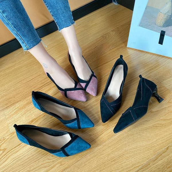 

dress shoes mixed color flock shallow thin high heels elegant ladies party pumps slip on comfy pointed toe women brief korean footwear, Black
