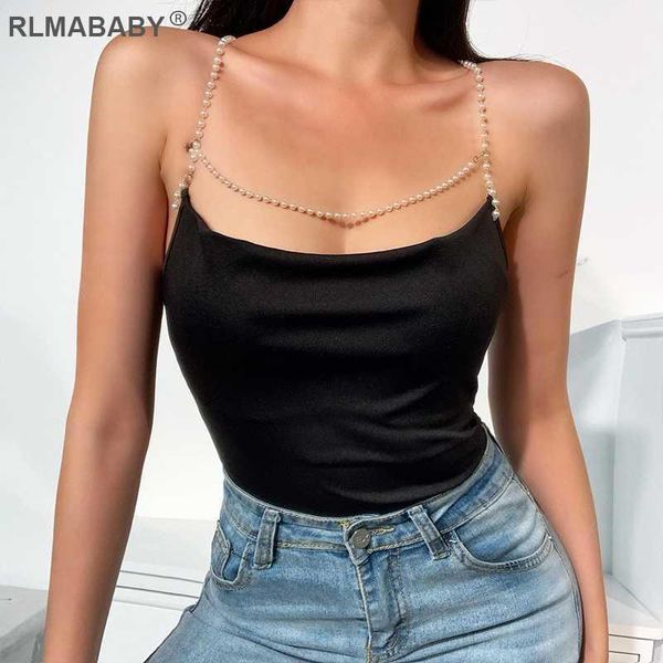 

summer women beading cropped pearl spaghetti strap sleeveless backless tank casual night club party lady vest1, White