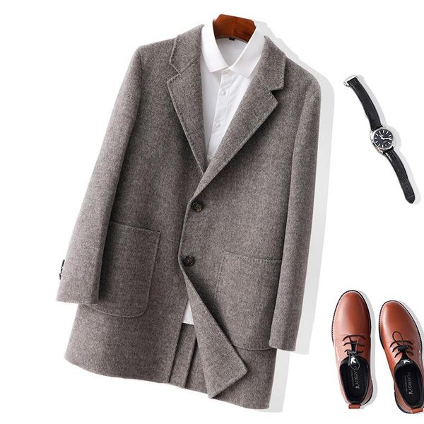 

100% pure australian wool overcoat men's woolen reversible cashmere coat winter windbreaker jacket, Black