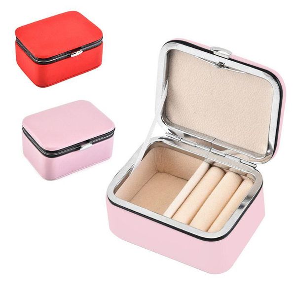 

small travel jewelry display box portable jewellery case pu leather container, Pink;blue