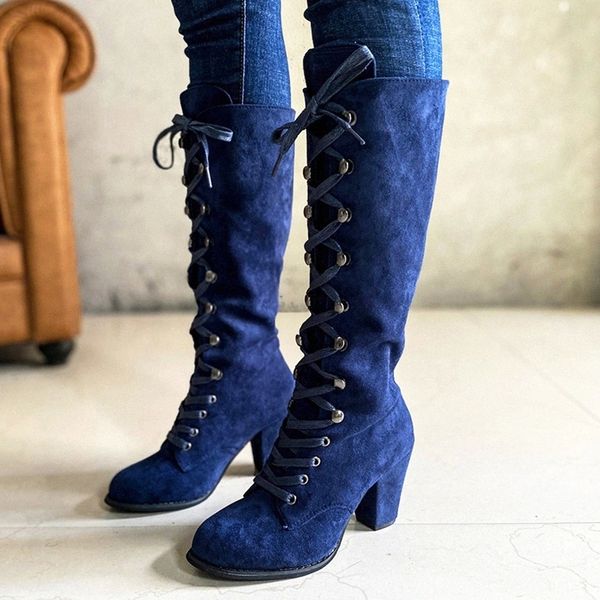 

rimocy vintage rivet high heels knee high boots women 2020 faux suede lace up ladies long boots pointed toe plus size shoes 43 #8d02, Black