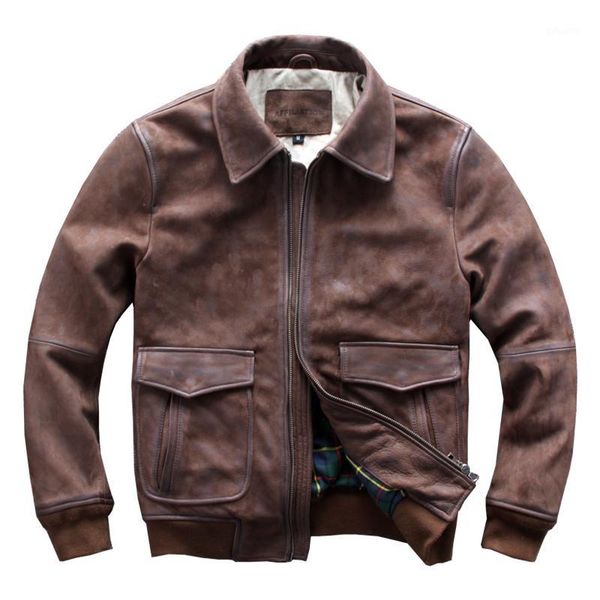 

2020 vintage brown men a2 pilot leather jacket plus size xxxl genuine thick cowhide winter leather coat1, Black
