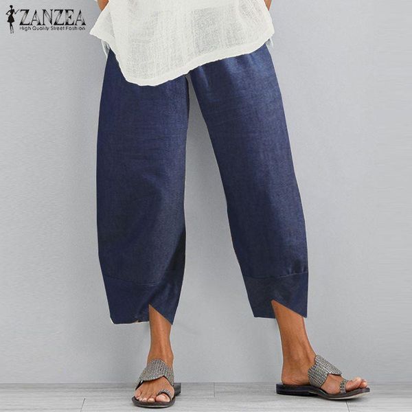 

zanzea women pants summer vintage solid long trousers casual denim blue harem pants elastic waist loose pantalon plus size, Black;white