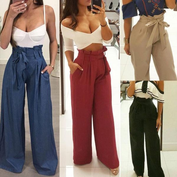 

women casual solid color high waist wide leg long trousers loose high rise piped pants elegant wide leg workwear skin-friendly1, Black;white