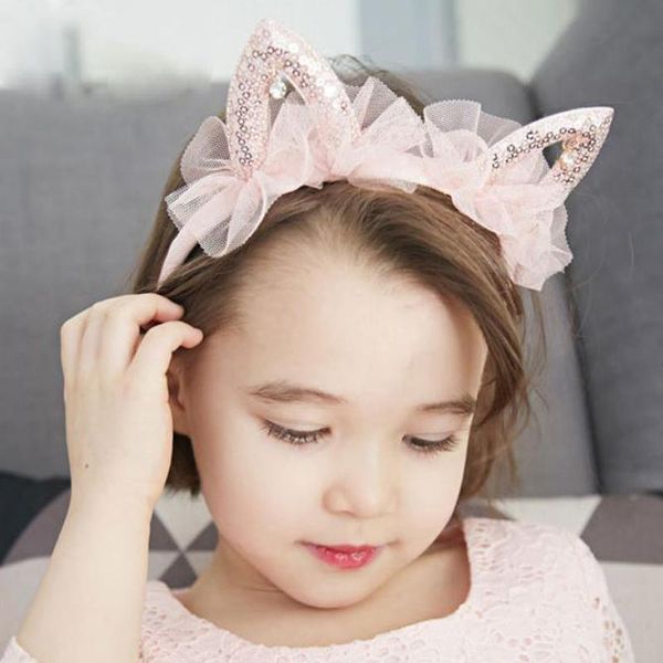 

new children hair accessories cute cat ears headbands ear hairband pink princess lace rhinestone hair band girl headdress, Slivery;white
