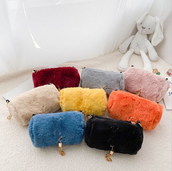 

designer kids fleece bags girls metal letter tassel chain messenger bag children faux fur single shoulder bag kids princess bags a5218, Black