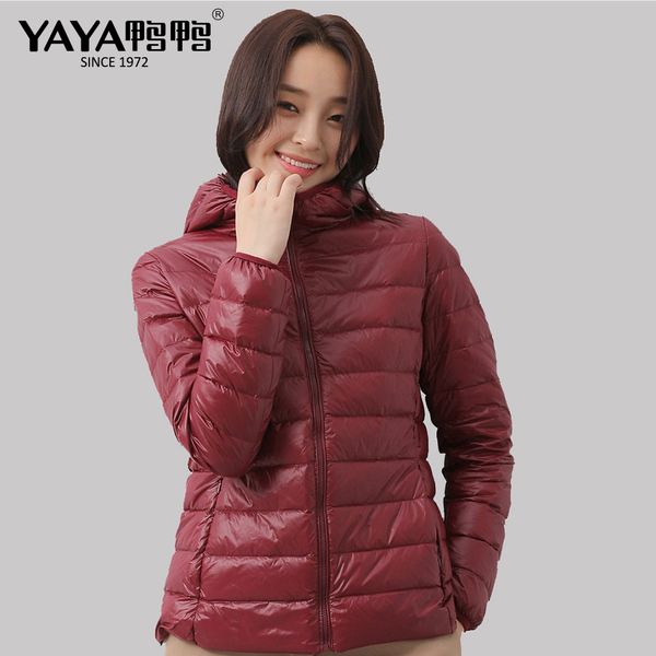 

yaya white duck down coat lightweight short down jacket hooded slim outerwear waterproof windproof warm down wear 200922, Black