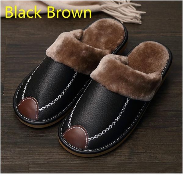 

men slippers black new winter pu leather slippers warm indoor slipper waterproof home house shoes men warm leather wmtubt