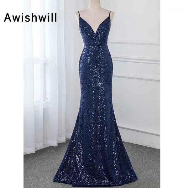 

party dresses custom-made v neck sequin evening dress mermaid spaghetti strap navy blue formal gowns for women longue robe1, White;black