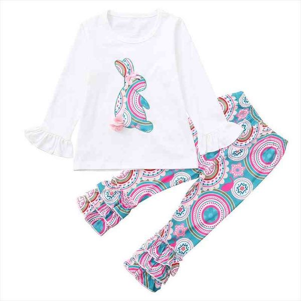 

girls flare sleeve rabbit stretch elastic waist bell-bottomed floral print pants toddler girls easter outfits clothes set, White