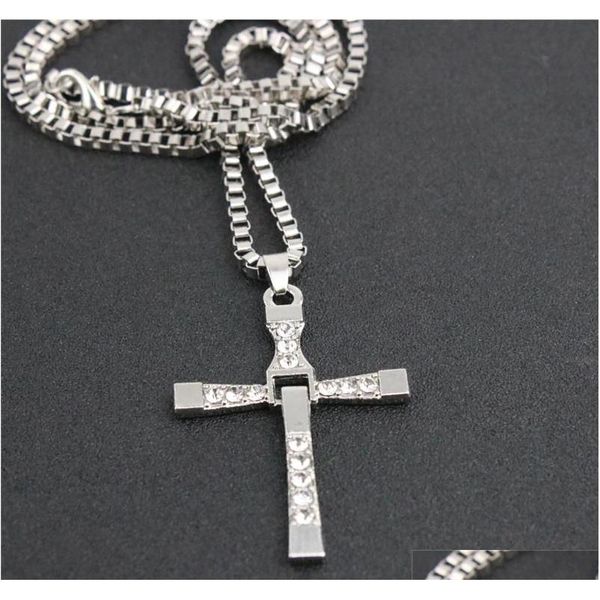 

new blue men cross rhinestone necklace cool fast and furious pendant necklaces alloy silver plated short chain for boyfriend gift c60sm