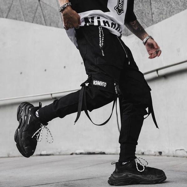 

2020 men new spring hip hop pants club singer stage costume trousers ribbons streetwear joggers sweatpants hombre, Black