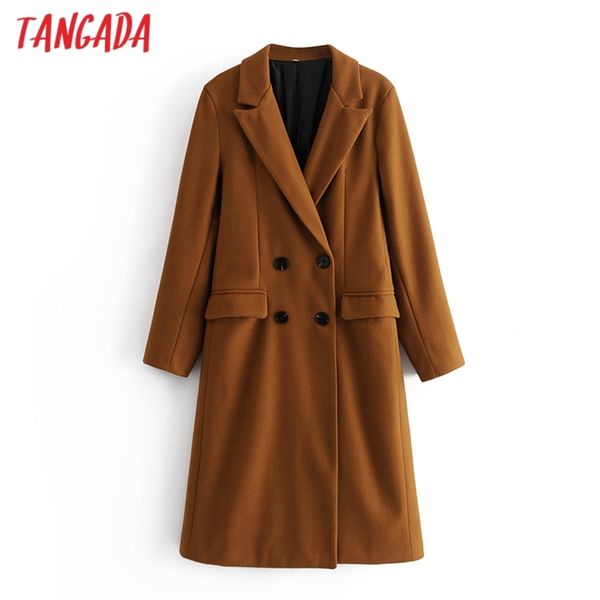 

tangada women 2020 winter black double breasted warm woolen coat pockets female outerwear chic overcoat 3w134, Tan;black