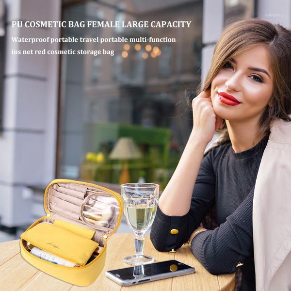 

delicate travel cosmetic storage bag waterproof classic texture creative chic pu women solid makeup zipper clutch pouch1