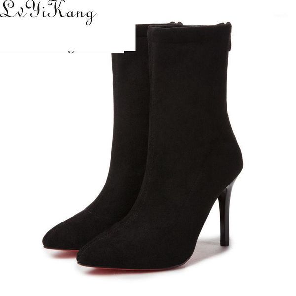

boots women sock pointed toe elastic high slip on heel ankle pumps stiletto botas zapatos de mujer shoes boots1, Black