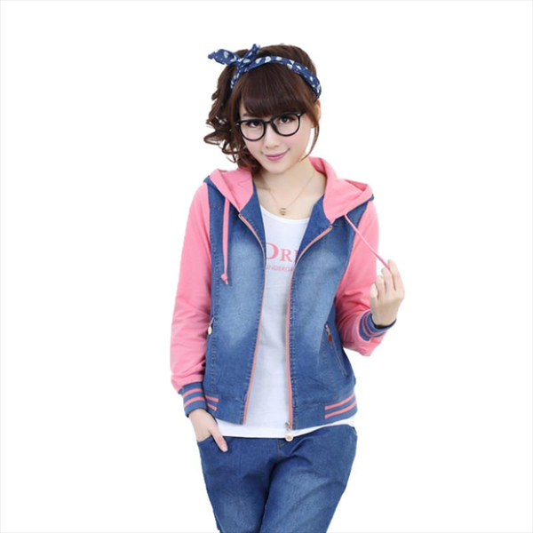 

2021 spring autumn womens streetwear hooded pink denim jacket patchwork student girls zipper sweater coat jaqueta jeans, Black;brown